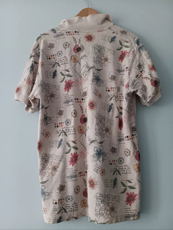 St John’s Bay Floral Script Print Polo Shirt M Cotton Button Short Sleeve - Picture 2 of 8